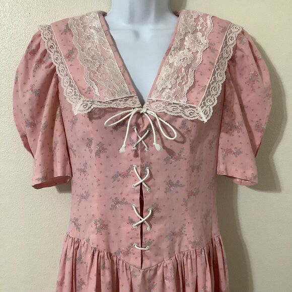 Vintage Handmade Pink Floral Western Country Lace Up Cottagecore Fairy Dress M - Picture 2 of 8